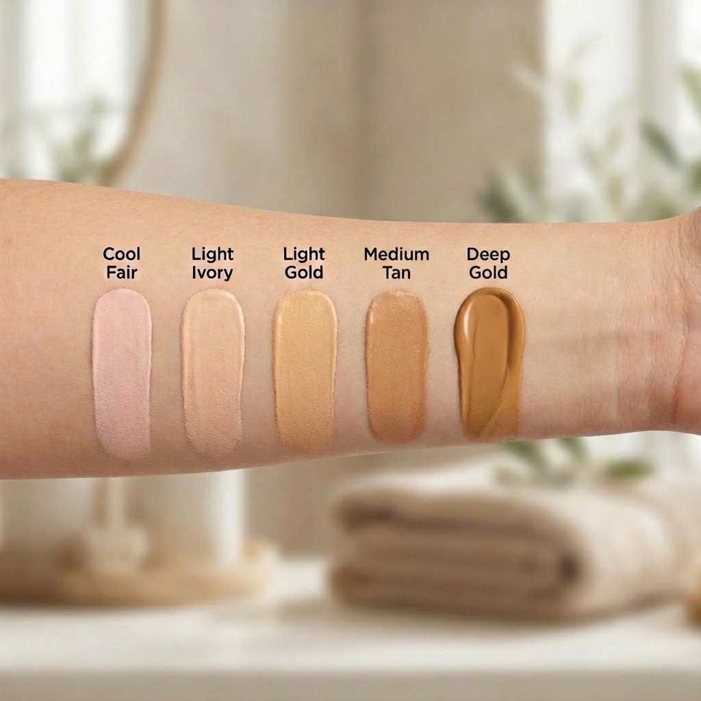 Arm with five different Omiana tinted moisturizer makeup swatches labeled from 'Cool Fair' to 'Deep Gold'.