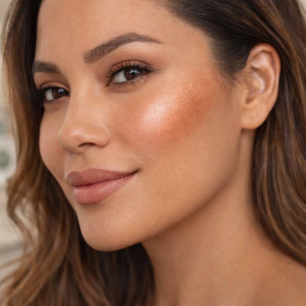Close-up of a woman's face with a soft smile, highlighting titanium dioxide-free baked cream bronzer.